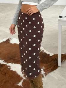 Women Satin Lace Trim Midi Skirt Polka Dot Print High Waist Long A-Line Skirts Vintage Silk Going Out Dress Y2k Streetwear Party Clubwear - 摩卡棕 - 查看 7