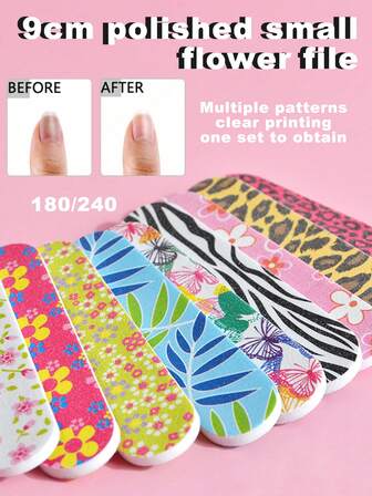 9cm Polished Small Flower File, 180/240, 10 Patterns, Clear Printing, Recommended By Nail Technicians And Beauty Salons, Loves To Use High-Quality Products, Fashionable And Beautiful, Smooth And Even Nail Trimming, And A Tool For Thinning Nail Plates