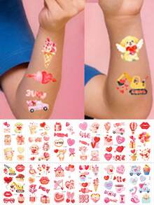12 arkuszy tymczasowych tatuaży na walentynki, na ciało, dłoń, twarz, słodkie serduszka, naklejki na tatuaż na walentynki, materiały na naklejki ślubne - wzór ust/serca/pudełka na prezent/ciasto/cukierki/niedźwiedzia/psa/królika/kota, urocze naklejki z tatuażami na walentynki - Wielokolorowe - Zobacz 5