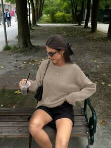 女装秋冬新款法式浪漫休闲百搭简约优雅针织毛衣上衣 - 卡其色 - 查看 2