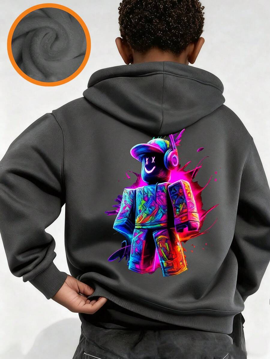 Tween Boy Graphic Print Thermal Lined Sweatshirt, Warm & Comfortable For Autumn/Winter - Dark Grey - View 1