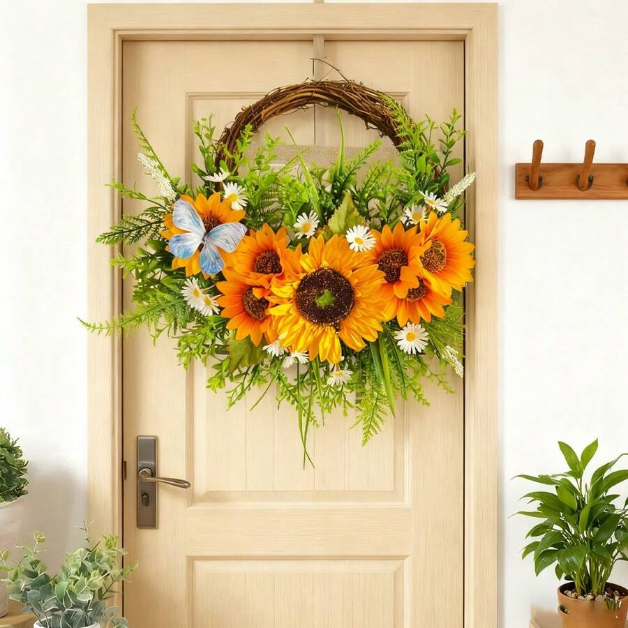 1pc 40*45cm Sunflower Wreath, Artificial Sunflower Garland For Front Door, Spring Summer Fall Decor, Farmhouse Home Decor, Wedding Decorations - màu sắc - Xem 1