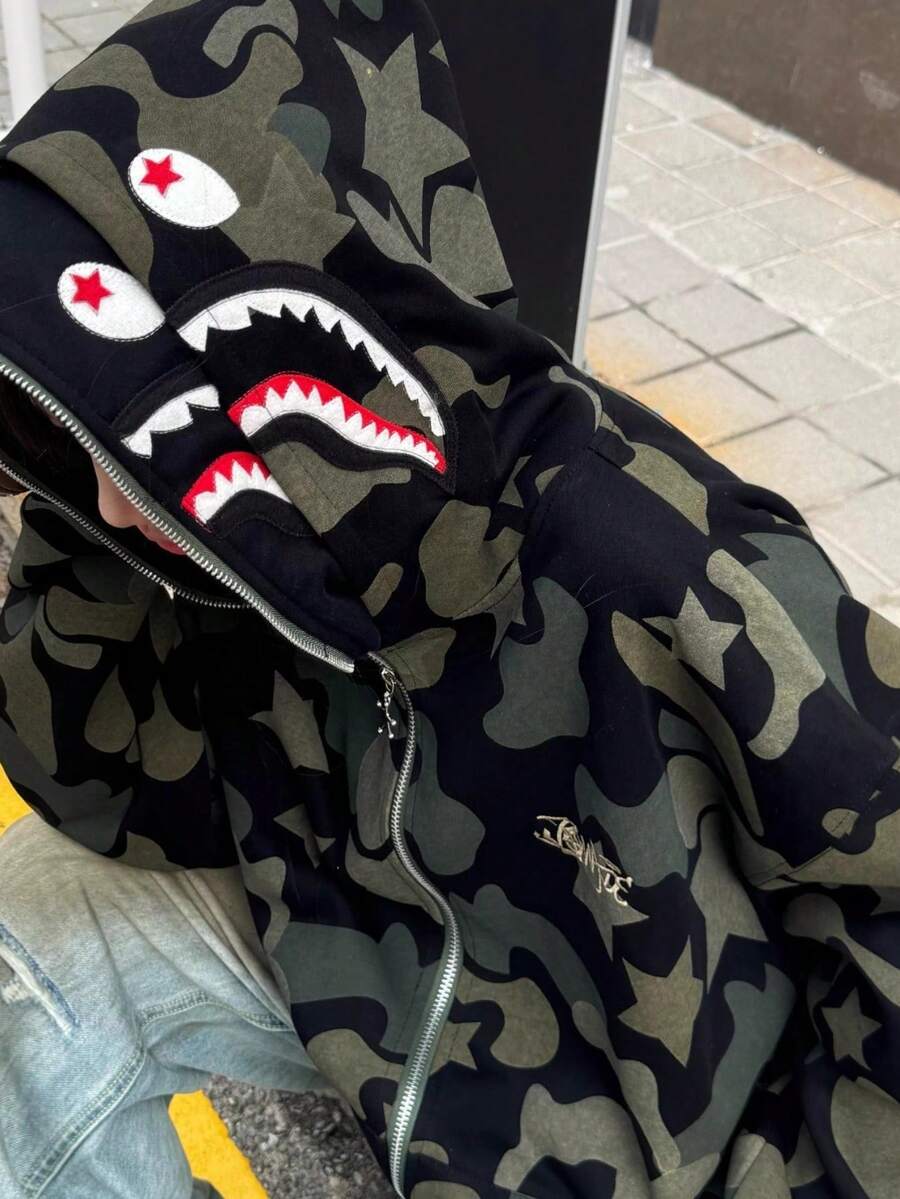American High Street Double Hat Camouflage Hooded Sweater Zip Cardigan Teen Spring And Autumn Shark Jacket Men And Women - 綠色 - 查看 1