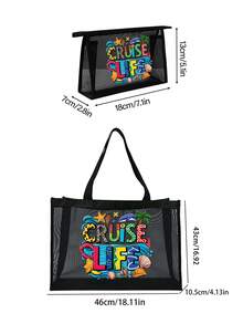 Large Capacity Mesh Bag Set, Printed With Colorful "Cruise Life" Text And Leopard Print, Decorated With Cute Beach Scene, Dolphin And Seashell On Wave Patterns, Mesh Beach Tote Bag, Mesh Cosmetic Storage Bag - Multicolor - View 6