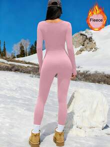 1 bộ áo liền quần dài tay bằng vải nỉ dành cho nữ, thích hợp cho thể thao, yoga và tập thể dục. - Hồng - Xem 3