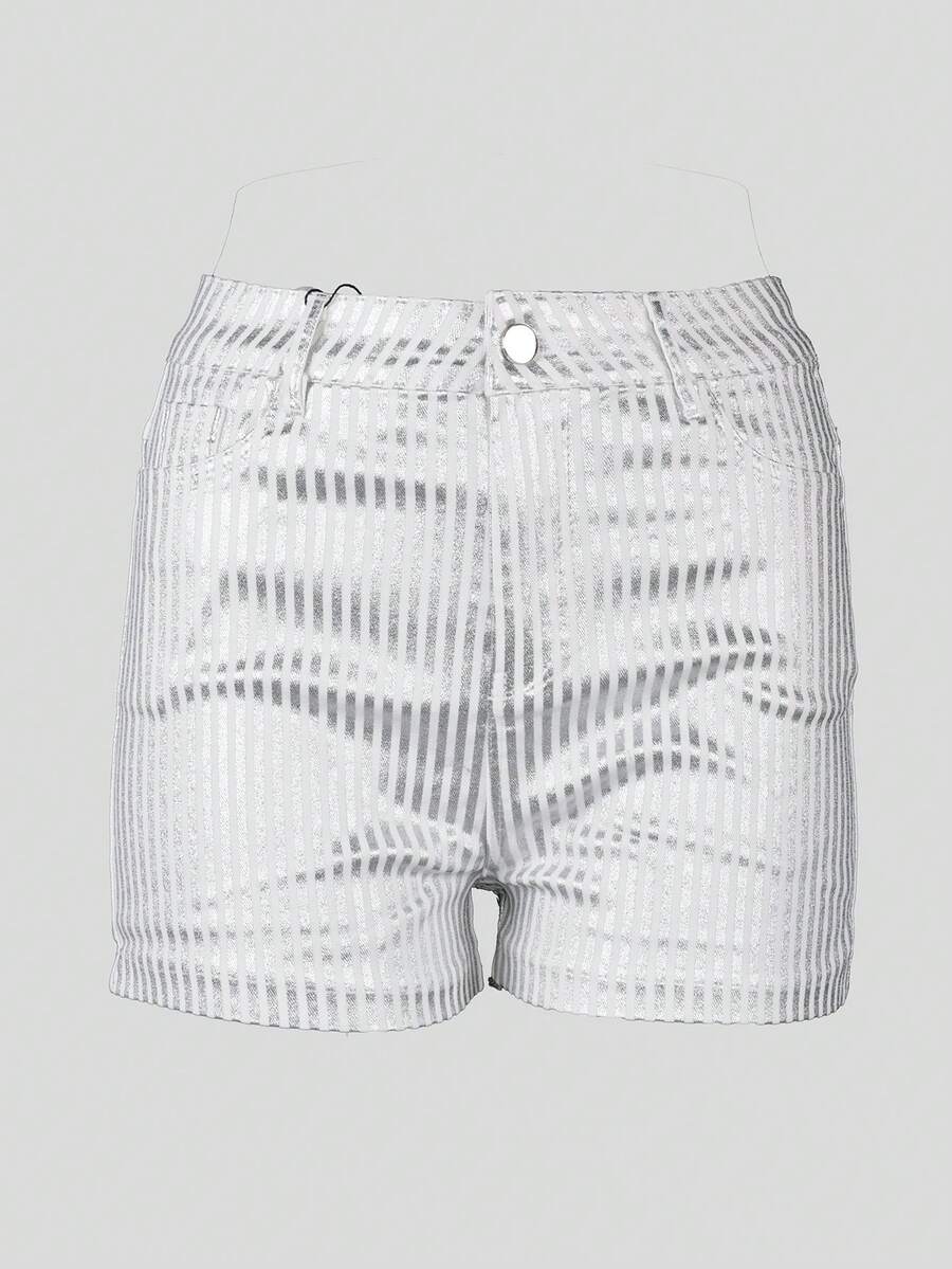 Rave Cao eo Túi nghiêng Kim loại Màu bạc In sọc chất liệu da PU Lễ hội Mini Quần short - Nhiều màu - Xem 1