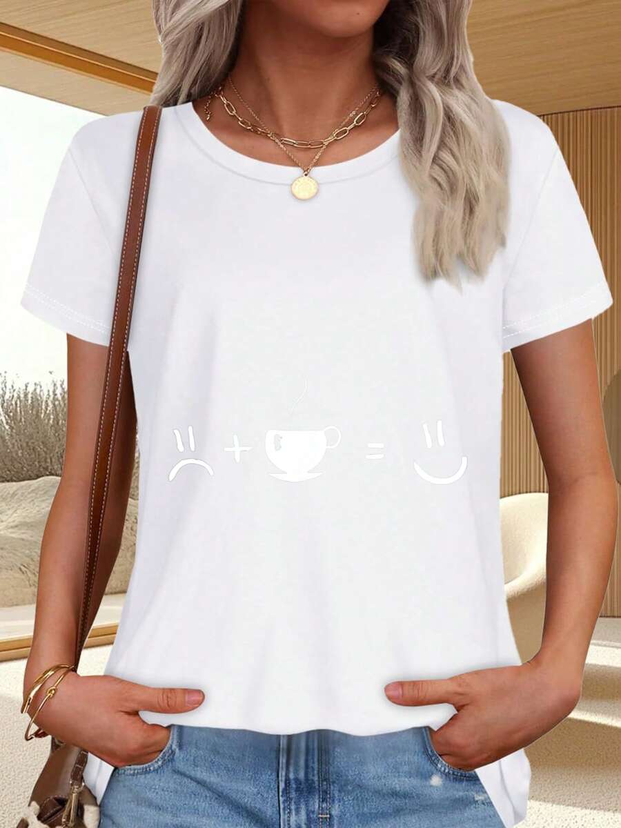 Everyday T-Shirt With Coffee Cup And Print - White - View 1