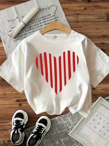 Valentine's Day Girls' Casual Fashion  Short Sleeve Round Neck T-Shirt, Suitable For Casual Comfortable Spring Summer Top Cartoon Striped Heart Print T-Shirt Single Piece Versatile Cute Minimalist Style Sweatshirt - 白色 - 查看 1