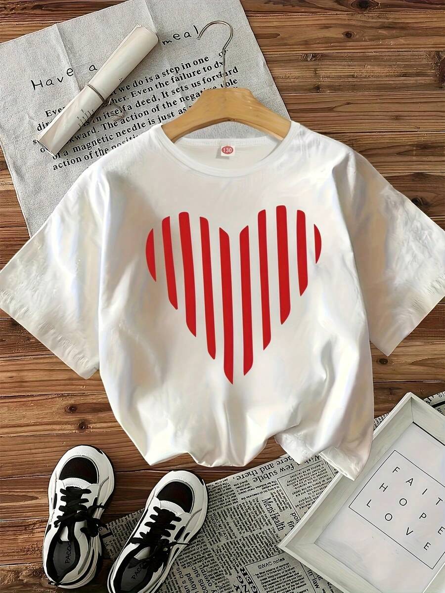 Valentine's Day Girls' Casual Fashion  Short Sleeve Round Neck T-Shirt, Suitable For Casual Comfortable Spring Summer Top Cartoon Striped Heart Print T-Shirt Single Piece Versatile Cute Minimalist Style Sweatshirt - 白色 - 查看 1