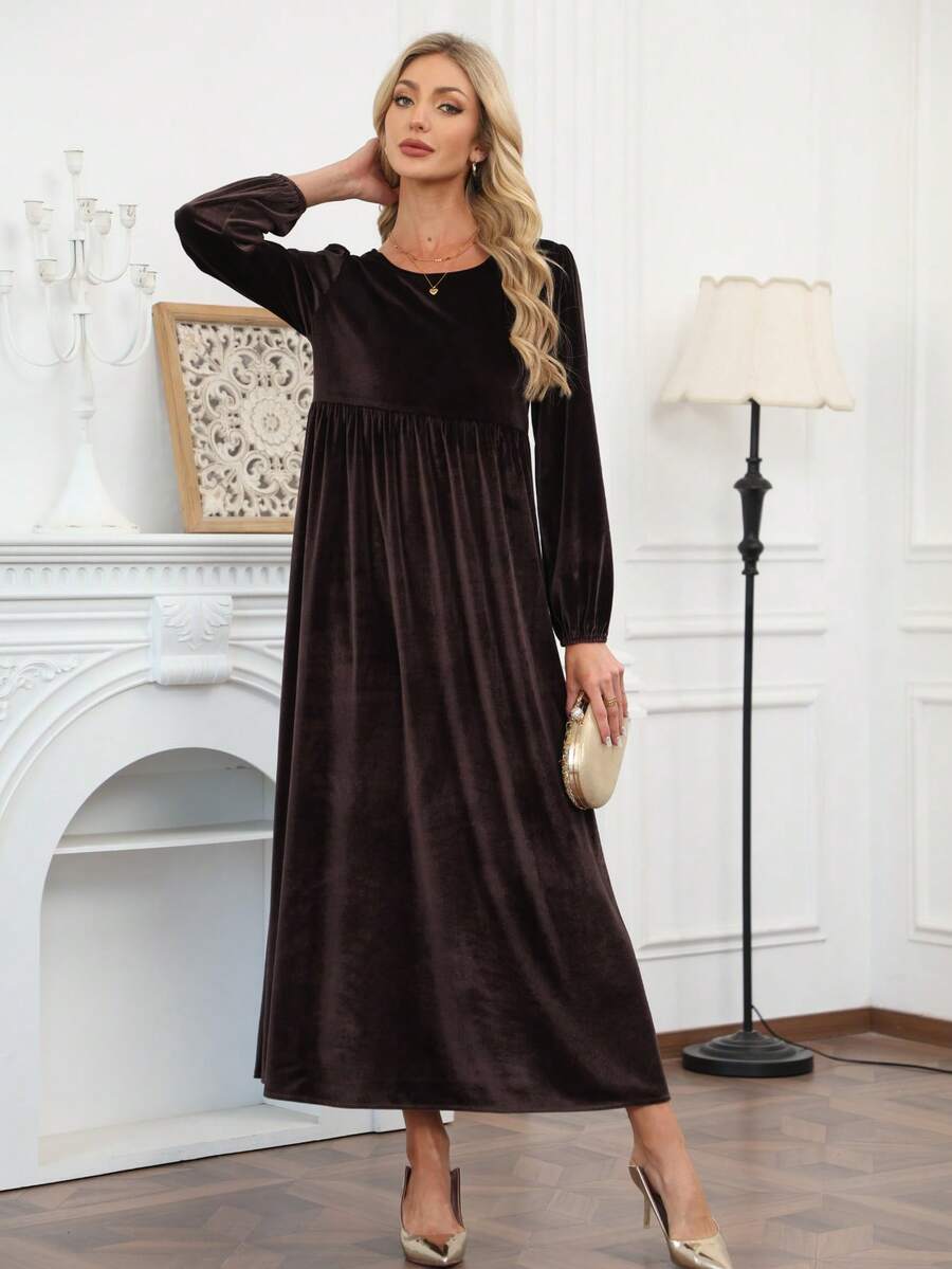 Women's Elegant Velvet Long Dress - Casual Solid Color Long Sleeve Round Neck