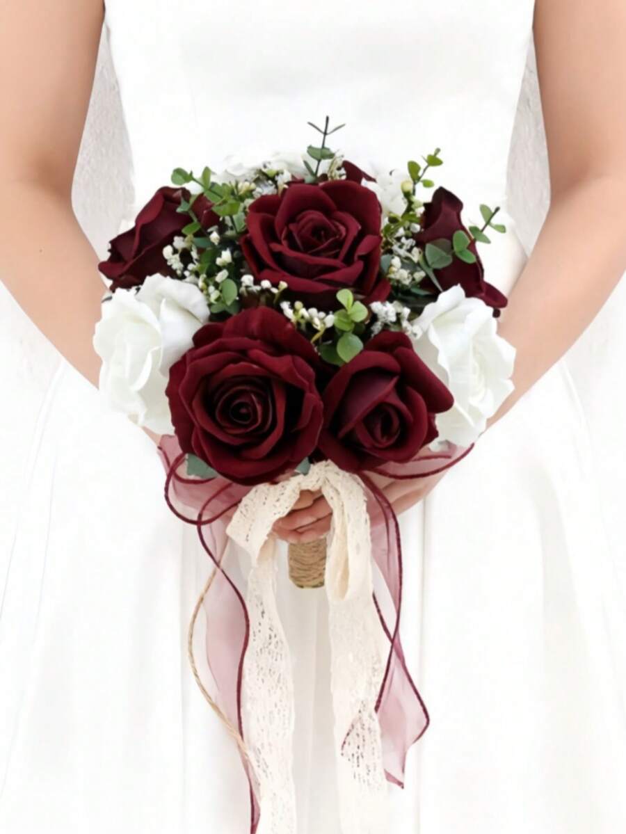 Wedding Bouquets Large For Bride, Wedding Silk Artificial Flowers Roses Wedding Bouquets For Bride Bridesmaid ,Fake Flowers For Wedding Party, Ceremony, Anniversary & Home Decor - Red - View 1