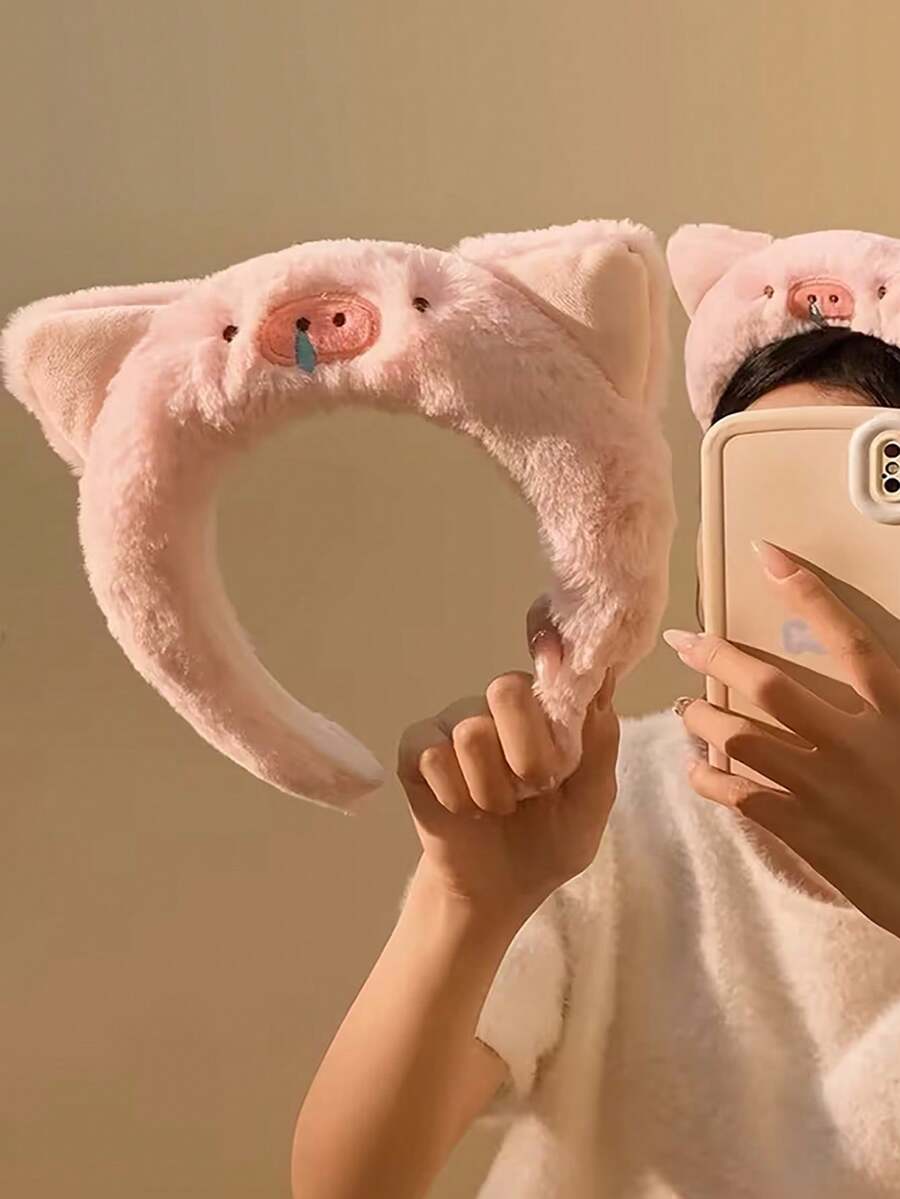 1个可爱粉色小猪毛绒发箍，洗脸化妆发饰