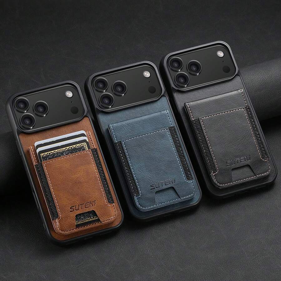 SUTENI For IPhone 17 Pro Max Phone Case Card Holder Elastic Band Smooth Texture Luxury Faux Leather Stand 16Plus 15 14 13 12 For Unisex Relatives Friends And Elders Holiday Gift Black/Brown/Blue