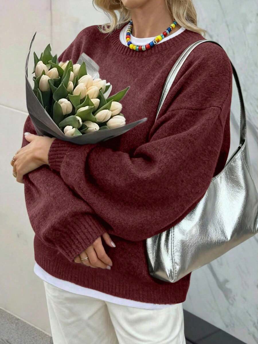 FOR BEAUTY 秋冬新款纯色简约圆领长袖休闲宽松针织衫，时尚宽松通勤套头毛衣，女士新年情人节礼物 - 酒紅色 - 查看 1