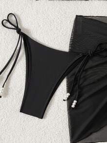 Set de costume de baie 3 piese, vacanță de vară la plajă, material negru, decor alb și perle, top cu decolteu halter, slip de baie cu legături laterale și fustă din plasă în culoare uni, set bikini pentru vacanță la plajă, ținută de plajă 3 piese, bikini negru, set sexy pentru vacanță la plajă - Negru - Vizualizare 7