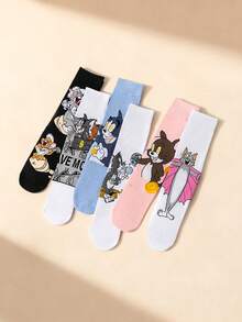 1 par de calcetines de Tom y Jerry de Warner Bros, calcetines deportivos suaves y cómodos, calcetines para todas las estaciones, con un diseño de dibujos animados de Tom y Jerry, versátiles, suaves y cómodos - Multicolor - Ver 4