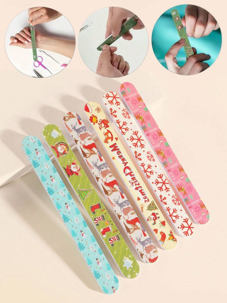 5pcs/10pcs Christmas Pattern Nail File Foot Care Tool, Suitable For Home And Nail Salons, Including Sandpaper And Polishing Blocks, With Random Colors. Color Printing Double-Sided Polishing Nail Files Nail Tools Shaping Fine Sand Nail Filing Strips Sponge Polishing Christmas Series, Suitable For Nail Styling, Nail Shaping, Suitable For Professional Nail Technicians, Nail Salons, Perfect Christmas Gifts, New Year Gifts - Multicolor - View 1