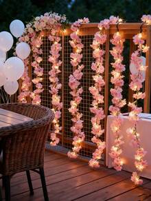 一套亮粉色樱花藤蔓装饰，适用于卧室、派对、婚礼、感恩节、四季皆宜、家居、壁炉、楼梯、栏杆、窗帘、新年、春季装饰[1株藤蔓+1串灯] 电池供电[不含电池]，情人节、生日、毕业礼物