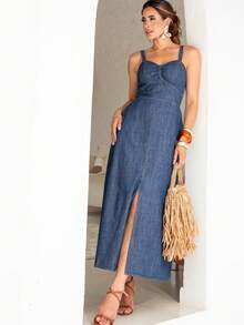 Elegant Women's Luxury Casual Party Dress With Detail And Slit - 深色水洗藍 - 查看 1