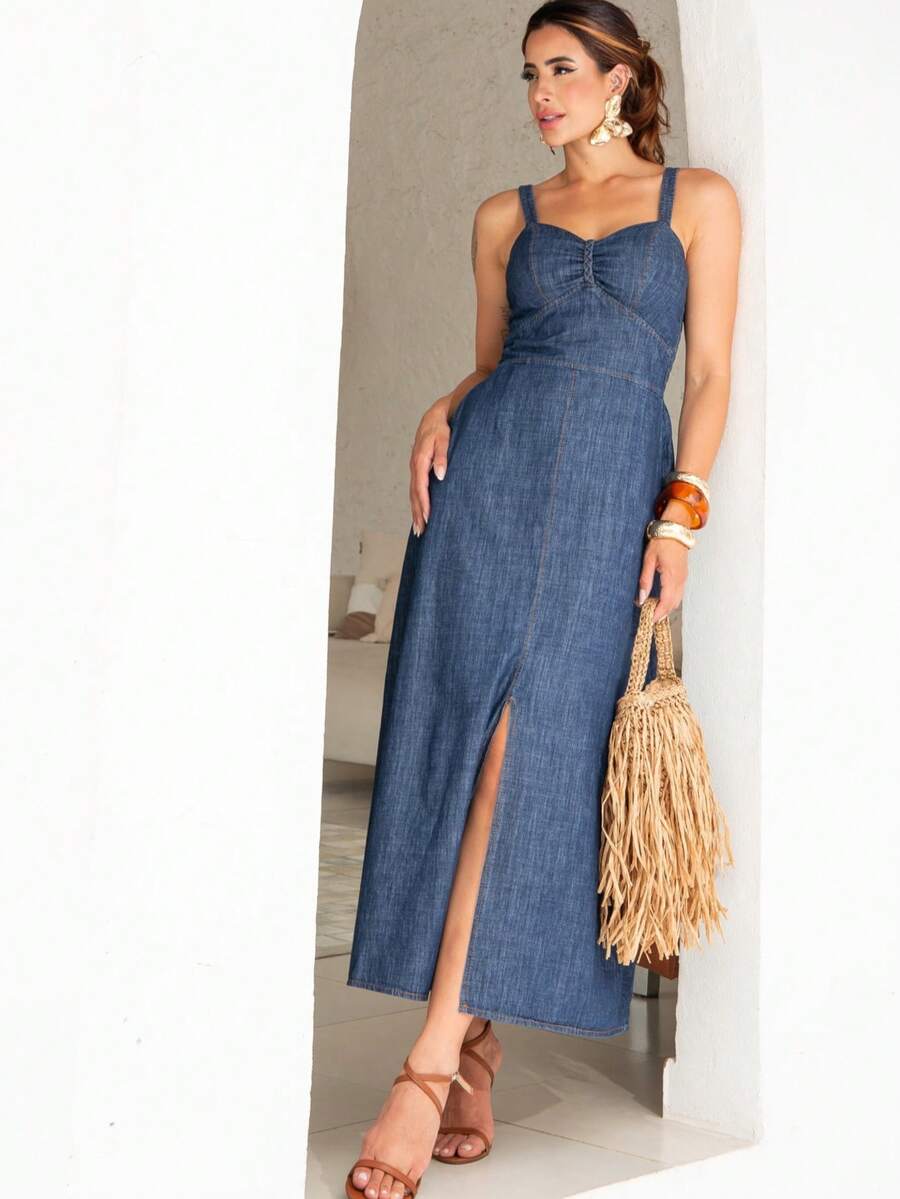 Elegant Women's Luxury Casual Party Dress With Detail And Slit - 深色水洗藍 - 查看 1