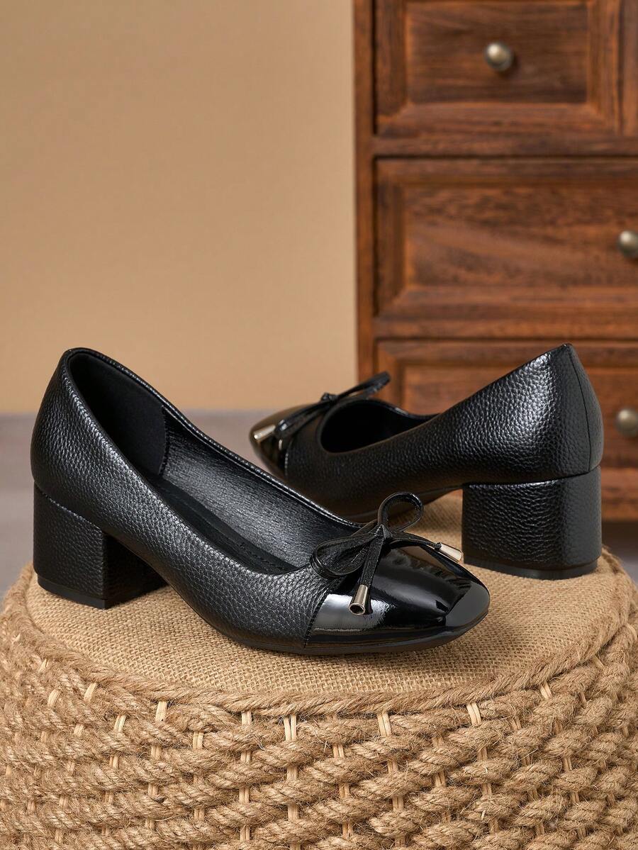 黑色漆皮双色纹理方头蝴蝶结粗跟高跟鞋 – 5厘米 - 黑色 - 查看 1
