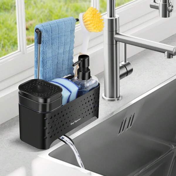 5-In-1 Kitchen & Bathroom Soap Dispenser Set, Includes Soap Pump, Sponge Holder, Cloth Rack, Draining Rack, And Brush Holder, Refillable Soap Bottle, Multipurpose Organizer For Modern Home Decor