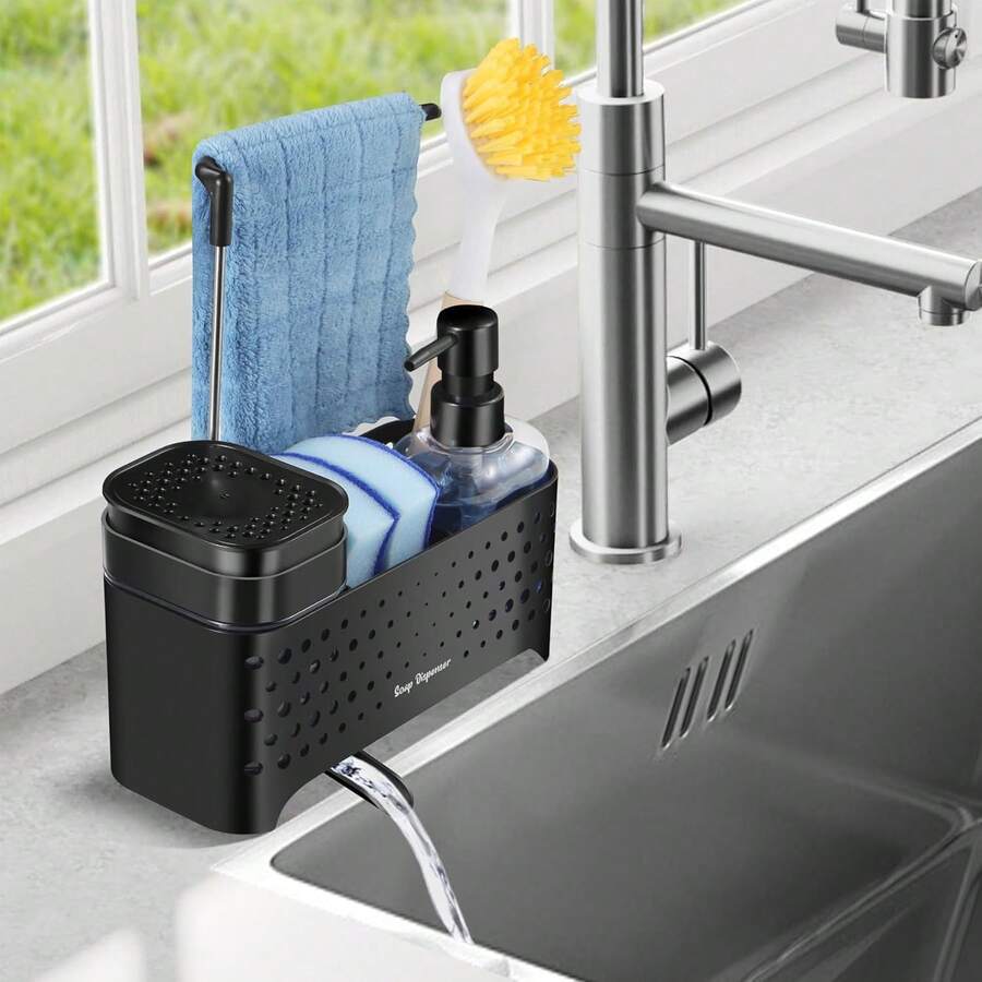 5-In-1 Kitchen & Bathroom Soap Dispenser Set, Includes Soap Pump, Sponge Holder, Cloth Rack, Draining Rack, And Brush Holder, Refillable Soap Bottle, Multipurpose Organizer For Kitchen And Bathroom, Modern Home Decor, Ideal Gift For Weddings, Mother's Day, Father's Day, Family And Friends - 彩色 - 查看 1