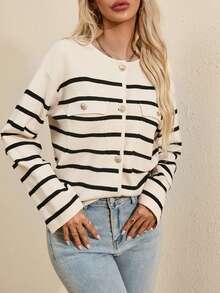 Astylish Women's Round Neck Button-Up Cardigan With Flap Pockets - White - View 3