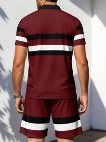 男士撞色条纹字母印花 Polo 衫和短裤套装 - 彩色 - 查看 4