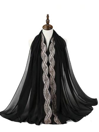 1pc Women's Heavily Sequined Lace Ruffle Chiffon Muslim Hijab For Abaya