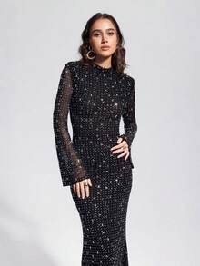 Long Sleeves High Neck Diamond Maxi Dress - 黑色 - 查看 4