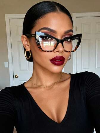 1 Pair Personalized Versatile Cat Eye Large Frame Transparent Glasses, Stylish Leopard Print Contrast Color Glasses, Suitable For Daily Wear, Street Photography, Reading, Commuting, Vacation, Travel, Beach Accessories