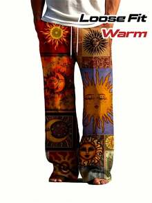 Men's Bohemian Print Full-Body Sun & Moon Design Wide-Leg Pants - Elastic Drawstring Waist & Side Pockets, Loose-Fit Winter Warmth, Vibrant Brown/Orange/Blue/Golden/Black/Red/Beige Tapered Leg Trousers For Casual & Formal Outfits, Machine Washable - Ideal For Home & Wear, Relaxed Fit With Cultural & Bohemian Style, Digital Print Fabric, Suitable For Autumn/Winter Use, Pants For Men, Suit For Men, Men Pants, Baggy Pants Men, Baggy Pants For Men, Trousers For Men, Fall Coat, - 彩色 - 查看 1