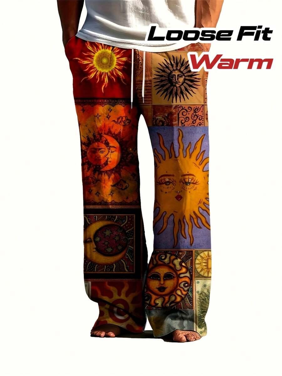 Men's Bohemian Print Full-Body Sun & Moon Design Wide-Leg Pants - Elastic Drawstring Waist & Side Pockets, Loose-Fit Winter Warmth, Vibrant Brown/Orange/Blue/Golden/Black/Red/Beige Tapered Leg Trousers For Casual & Formal Outfits, Machine Washable - Ideal For Home & Wear, Relaxed Fit With Cultural & Bohemian Style, Digital Print Fabric, Suitable For Autumn/Winter Use, Pants For Men, Suit For Men, Men Pants, Baggy Pants Men, Baggy Pants For Men, Trousers For Men, Fall Coat, - 彩色 - 查看 1