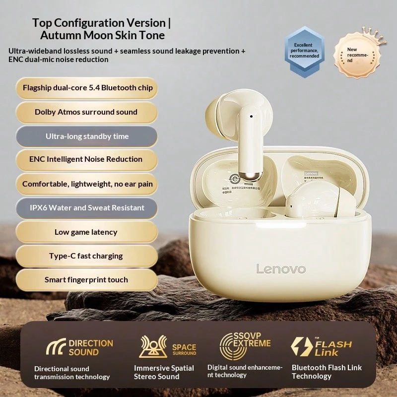 Lenovo EA110 Wireless Headset Bluetooth 5.4 Intelligent Touch Control Headphones Long Lasting Battery Life Support Android ISO - Beige - View 1