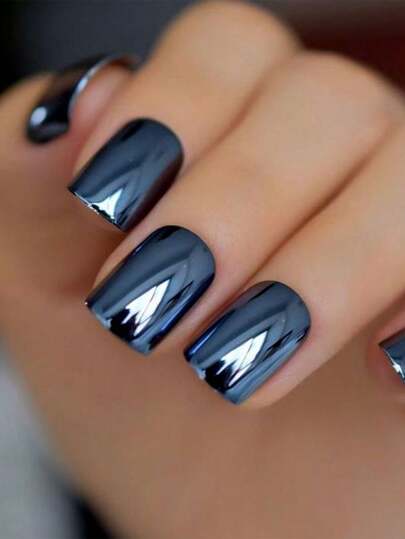 24pcs/Set Y2K Style Magical Gray-Blue Metallic Chrome Shiny Press-On Nails, Rectangular Holographic Nail Foils Mermaid Mirror Glitter Pearl Aurora Fake Nails, Includes 1pc Jelly Gel And 1pc Nail File, Suitable For Rave Parties