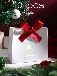 10 Stück exquisite Mini-Geschenktüten/-boxen mit Schleifen und Weihnachtsbaum-Mustern, geeignet zum Verpacken von Weihnachtssüßigkeiten, Hochzeitsgeschenken, Partybevorzugungen und kleinen Geschenken - mehrfarbig - Übersicht 15