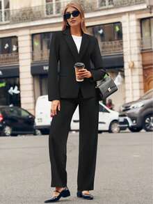Casly Lamiit Women Plain Long Sleeve Suit Collar Regular Top And Pants Set Elegant Composite Fabric Suit With Pockets - 黑色 - 查看 4
