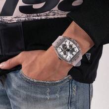 Guess Đồng hồ đeo tay nam thời trang, vỏ trong suốt, máy quartz Nhật Bản, chống nước 50M, đa chức năng, hiển thị ngày, kiểu dáng thể thao thường ngày, quà tặng kèm hộp đồng hồ chính hãng GW0203G1 - Trong sáng - Xem 4