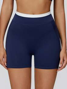 MASKERT Short de sport taille haute pour femmes, design de bande de taille color-block, ajusté et galbant, pour le yoga, le fitness et le cyclisme en été - Bleu marine - Voir 3