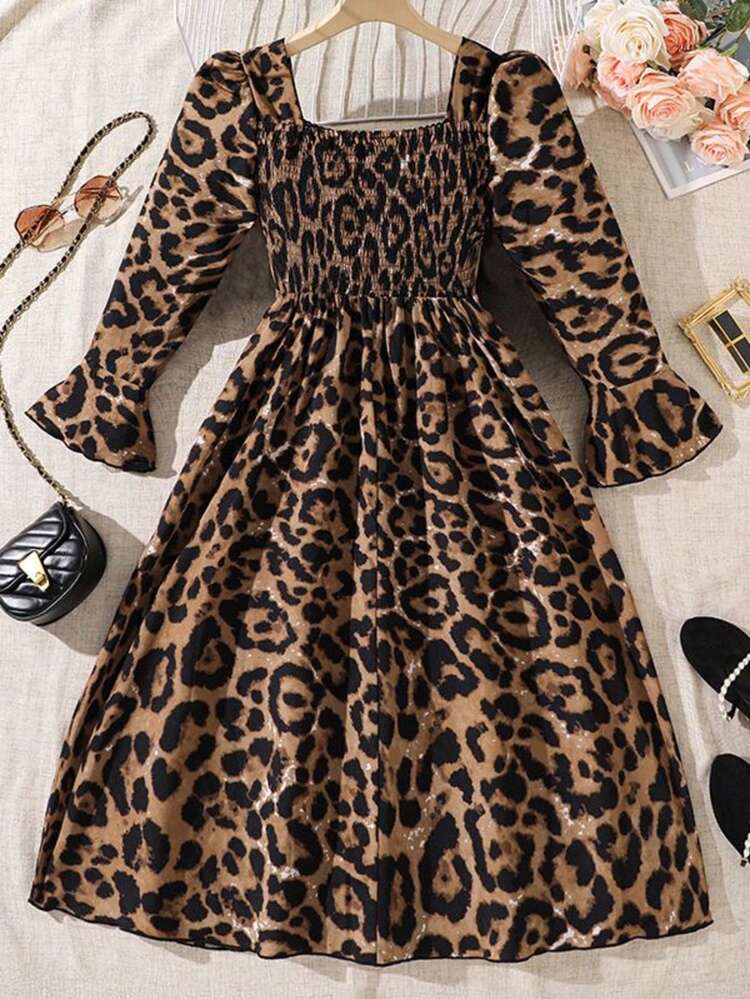Children's Long Sleeve Dress With Collar, Waist Cinched Vintage Leopard Print Dress, Summer - Multicolor - View 2