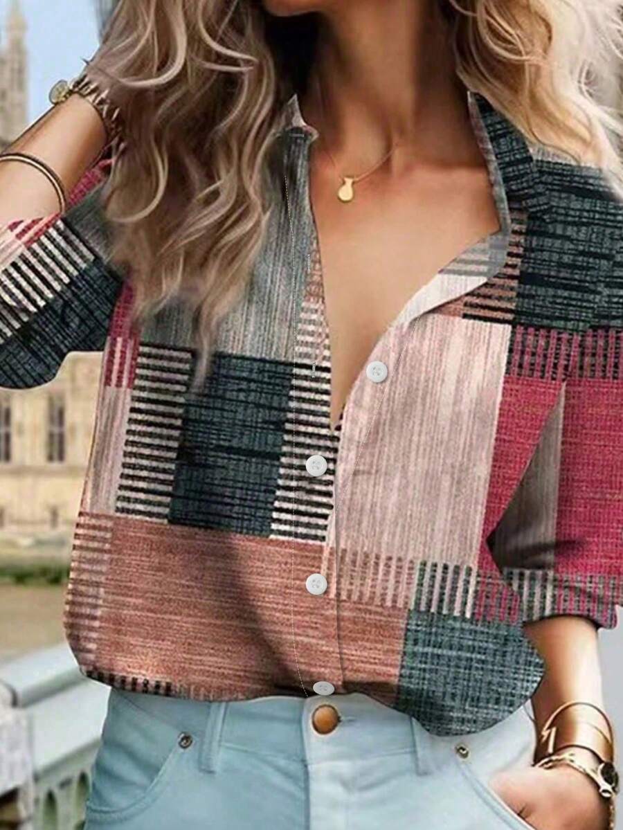 Plus Size Women Colorblock Button Print Long Sleeve Casual Retro Blouse Spring Red