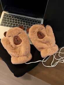 1 Pair Teens Adorable Cartoon Winter Mittens - Thermal Lined Warm Gloves With Lanyard For Campus & Outings - Kapibala - View 7