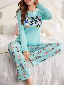 Disney 女士卡通印花圆领长袖上衣和阔腿裤休闲家居服套装 - 彩色 - 查看 1