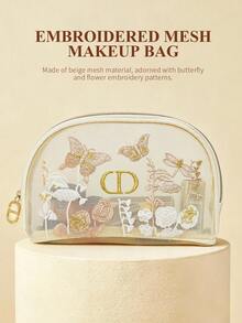Dior Butterfly Embroidered Large Capacity Transparent Mesh Cosmetic Bag, Portable Travel Toiletry Pouch, Mother's Day Limited Edition Makeup Organizer, Special Gift For Mother's Day - Beige - View 1