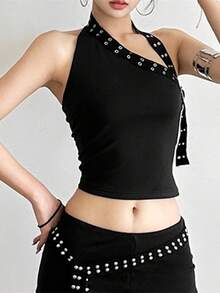 Women Asymmetrical Halter Tops Studded Straps Slim Fit Slant Neck Going Out Vest - Black - View 3