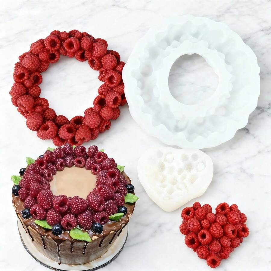 大型覆盆子花环模具 - 专业烘焙和手工硅胶模具，材质优良，适用于巧克力、肥皂、蜡烛、石膏、DIY婚礼、生日、情人节装饰 - 易脱模，自然纹理设计，材质优良，圣诞节最佳选择，感恩节完美之选 - 白色 - 查看 1