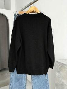 Plus Size Women's Casual Solid Color Long Sleeve Knit Sweater, Soft, Comfortable, Warm, Versatile Top For Autumn/Winter Black - Black - View 4