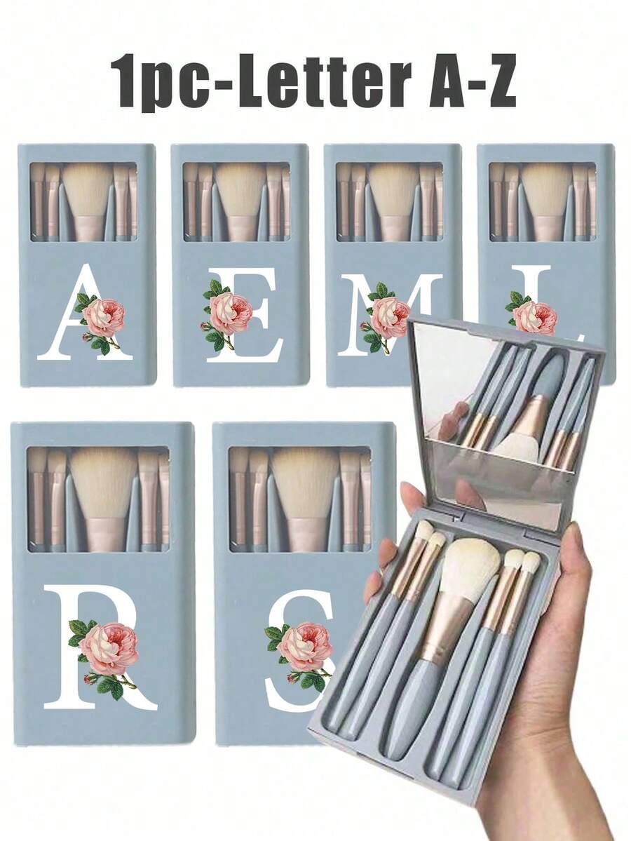 5pcs Portable Makeup Brush Set With Mirror, Rose White Letter A-Z Printed, Boxed Makeup Brush Set, Multi-Functional Makeup Brush Set With Mirror Case, Mini Multi-Functional Makeup Pencil, Foundation Brush, Eyeshadow Brush, Basic Makeup Tool Mixing Brush. Makeup Brush Organizer Includes Makeup Brushes, Convenient And Practical, Ideal Gift For Girls, Portable Travel Essentials, Travel Must-Have. - Multicolor - View 1