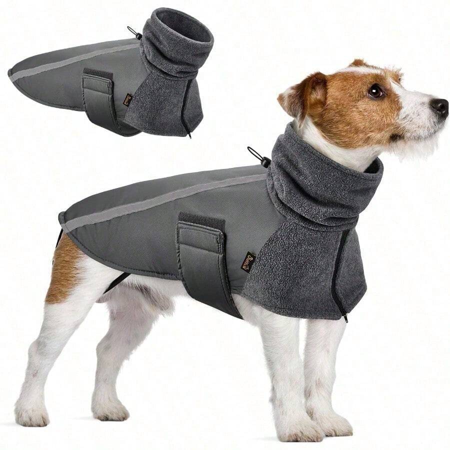 YAUTOWT Abrigo de Invierno para Perros Calido Forro Polar Chaqueta para Exteriores con Bufanda de Cuello Alto Rayas Reflectantes Chaleco Cachorros Trajes Perros Pequeños Medianos Grandes - Gris-Nuevo+S - Ver 1